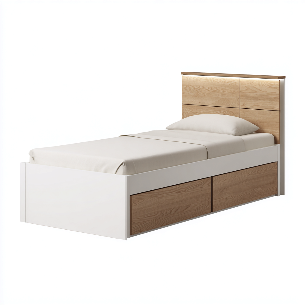 Cama individual madera y tablero 200x100x95 cm - blanco-madera - apta para dormitorio - estilo moderno-Luxemylab