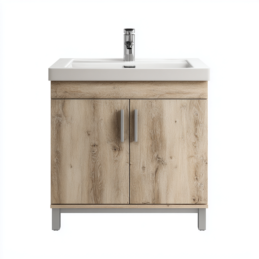 Mueble de baño con lavabo madera y cerámica 80x45x85 cm - roble natural-blanco - estilo moderno minimalista para baño-Luxemylab