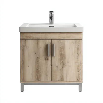 Mueble de baño con lavabo madera y cerámica 80x45x85 cm - roble natural-blanco - estilo moderno minimalista para baño-Luxemylab