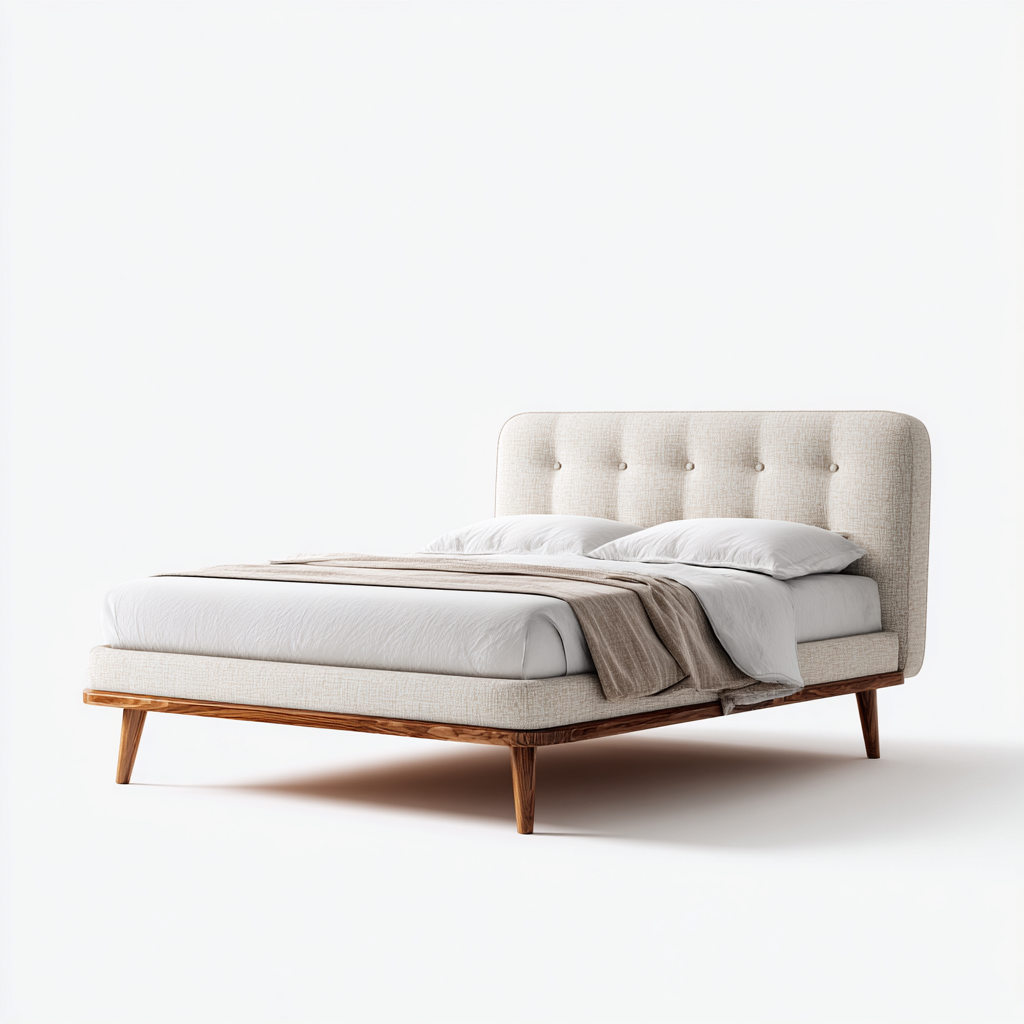 Cama matrimonial tapizada en tela 200x180x110 cm - beige claro - apta para dormitorio - diseño mid-century retro suave-Luxemylab