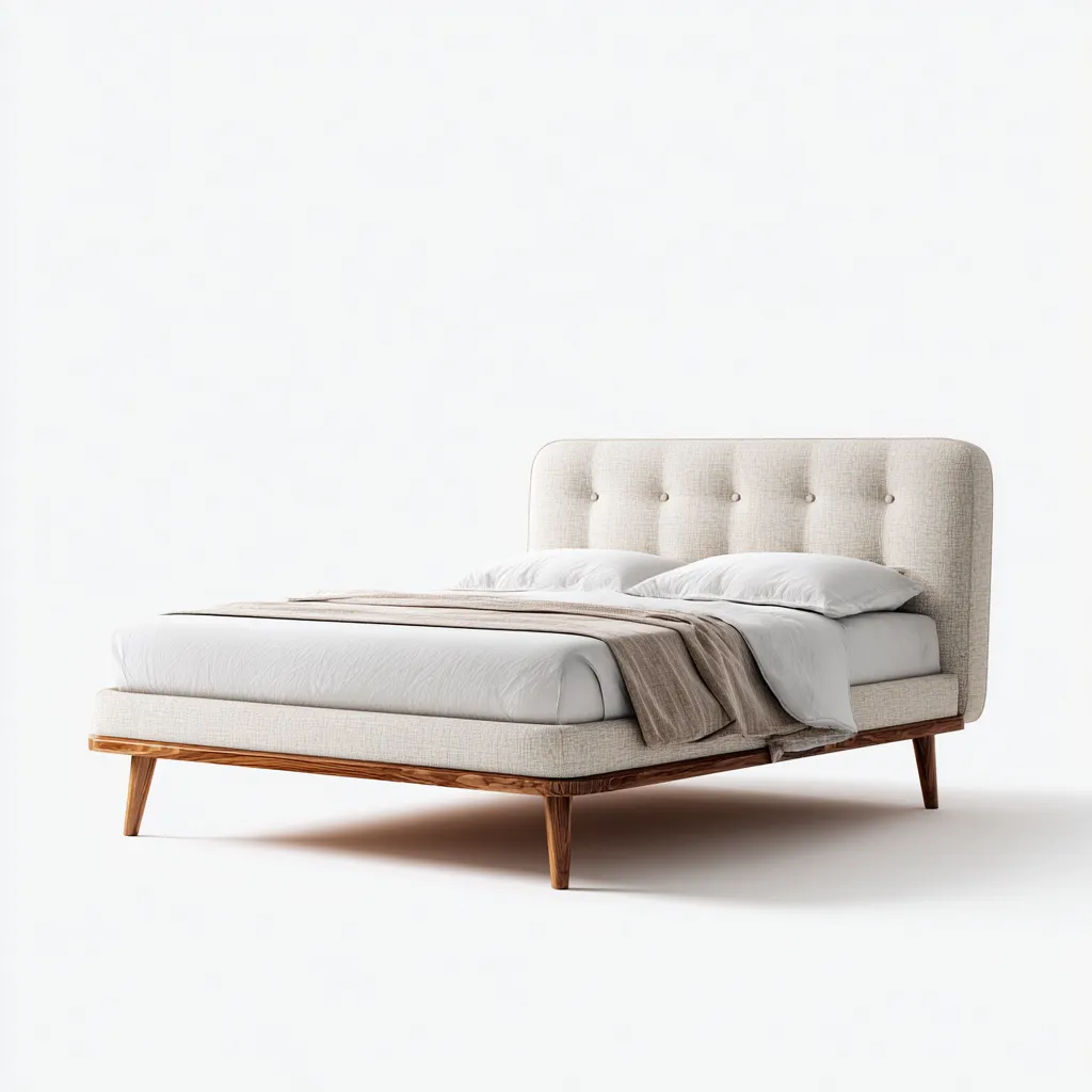 Cama matrimonial tapizada en tela 200x180x110 cm - beige claro - apta para dormitorio - diseño mid-century retro suave-Luxemylab