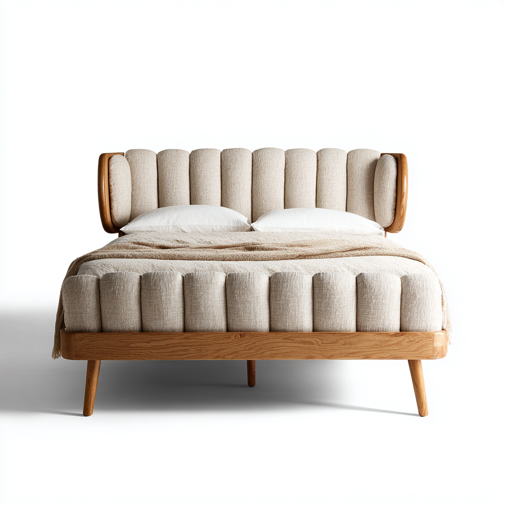 Cama matrimonial madera y tela 200x180x105 cm - beige-madera natural - estilo moderno adecuada para dormitorio-Luxemylab