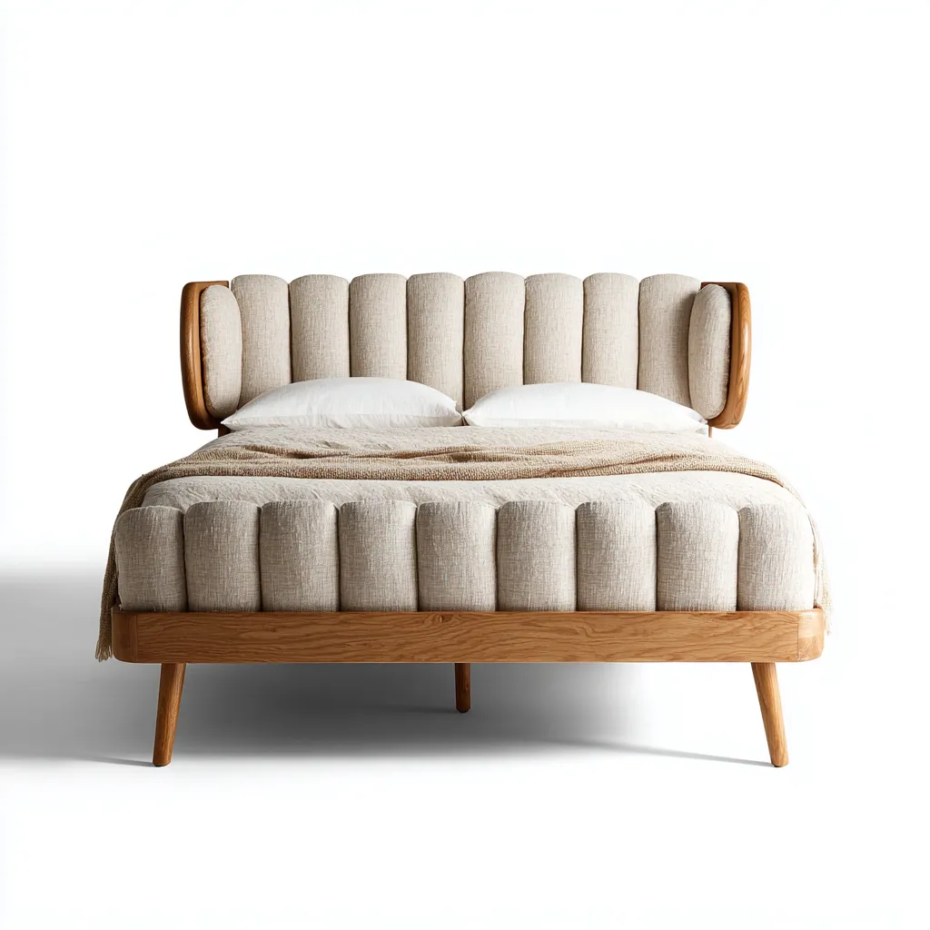 Cama matrimonial madera y tela 200x180x105 cm - beige-madera natural - estilo moderno adecuada para dormitorio-Luxemylab