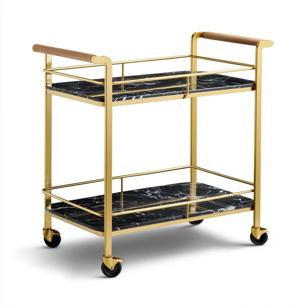 Carro de cocina - Metal y superficie tipo mármol - 72x40x83 cm - Negro-Dorado - Apto para cocina - Diseño clásico-Luxemylab