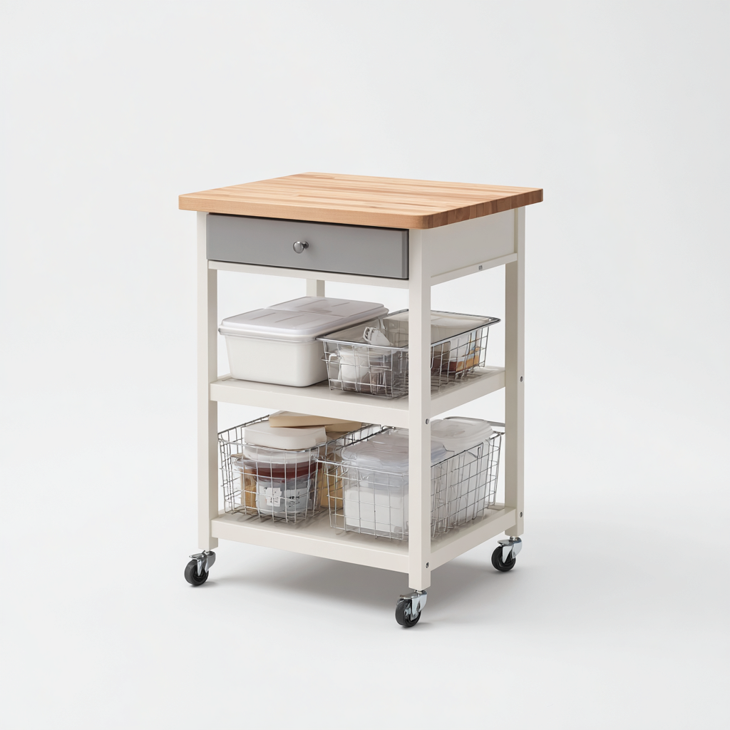 Isla de cocina madera 60x45x90 cm - blanco-gris-madera - estilo moderno apta para cocina diseño funcional con cajón y estantes abiertos-Luxemylab