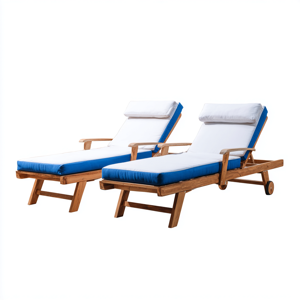 Tumbona de jardín conjunto de 2 piezas estructura de madera y cojín textil 200x68x88 cm - blanco-azul-madera - estilo moderno aptas para jardín-Luxemylab