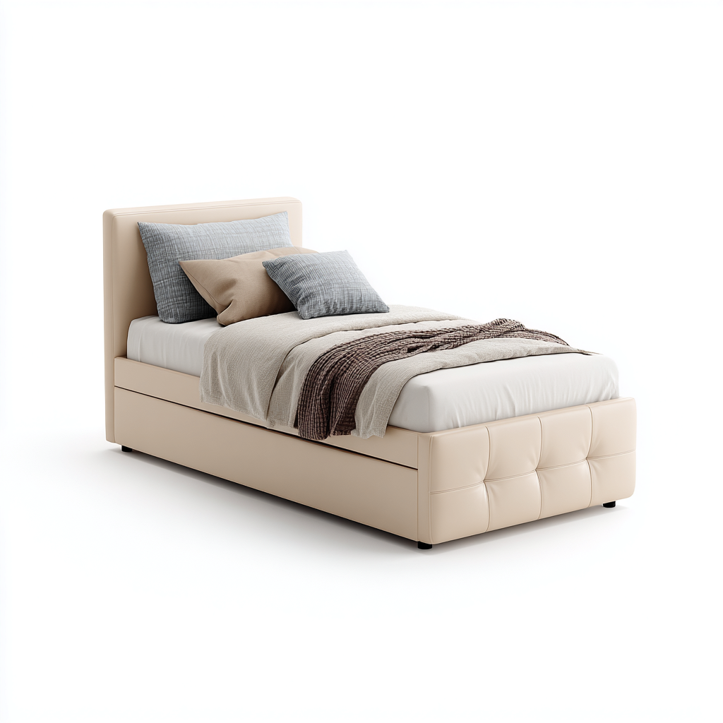 Cama individual tapizada 200x100x100 cm - cuero beige - apta para dormitorio - diseño moderno-Luxemylab