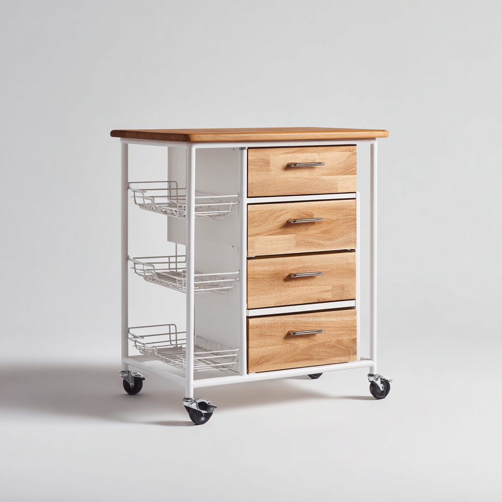 Isla de cocina madera y metal 60x40x85 cm - blanco y natural - estilo moderno funcional con ruedas para cocina-Luxemylab