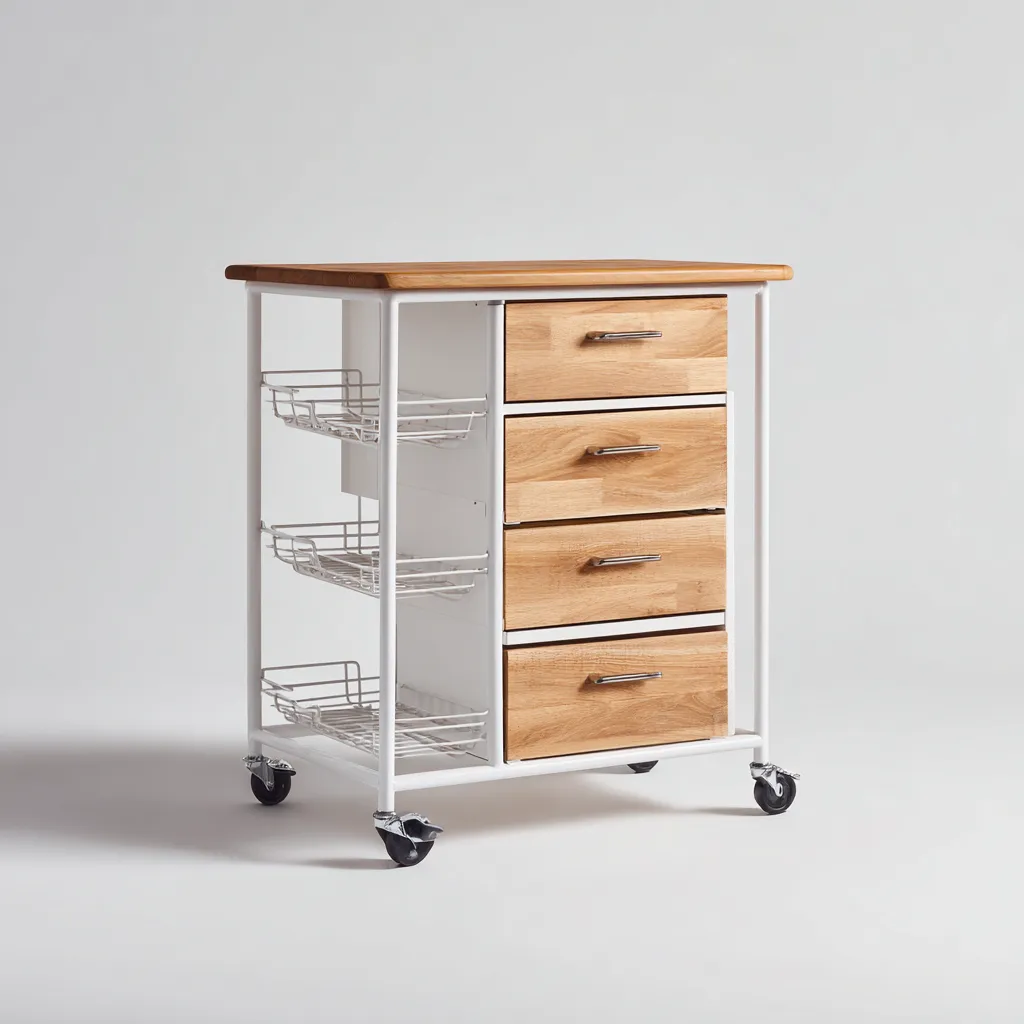 Isla de cocina madera y metal 60x40x85 cm - blanco y natural - estilo moderno funcional con ruedas para cocina-Luxemylab