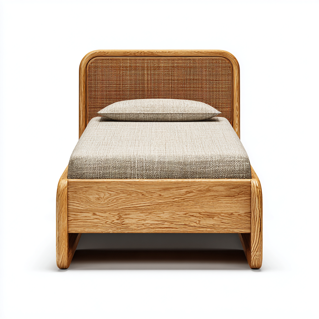 Cama individual madera y ratán 200x100x95 cm - madera clara - apta para dormitorio - estilo natural-Luxemylab