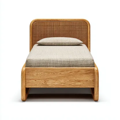 Cama individual madera y ratán 200x100x95 cm - madera clara - apta para dormitorio - estilo natural-Luxemylab