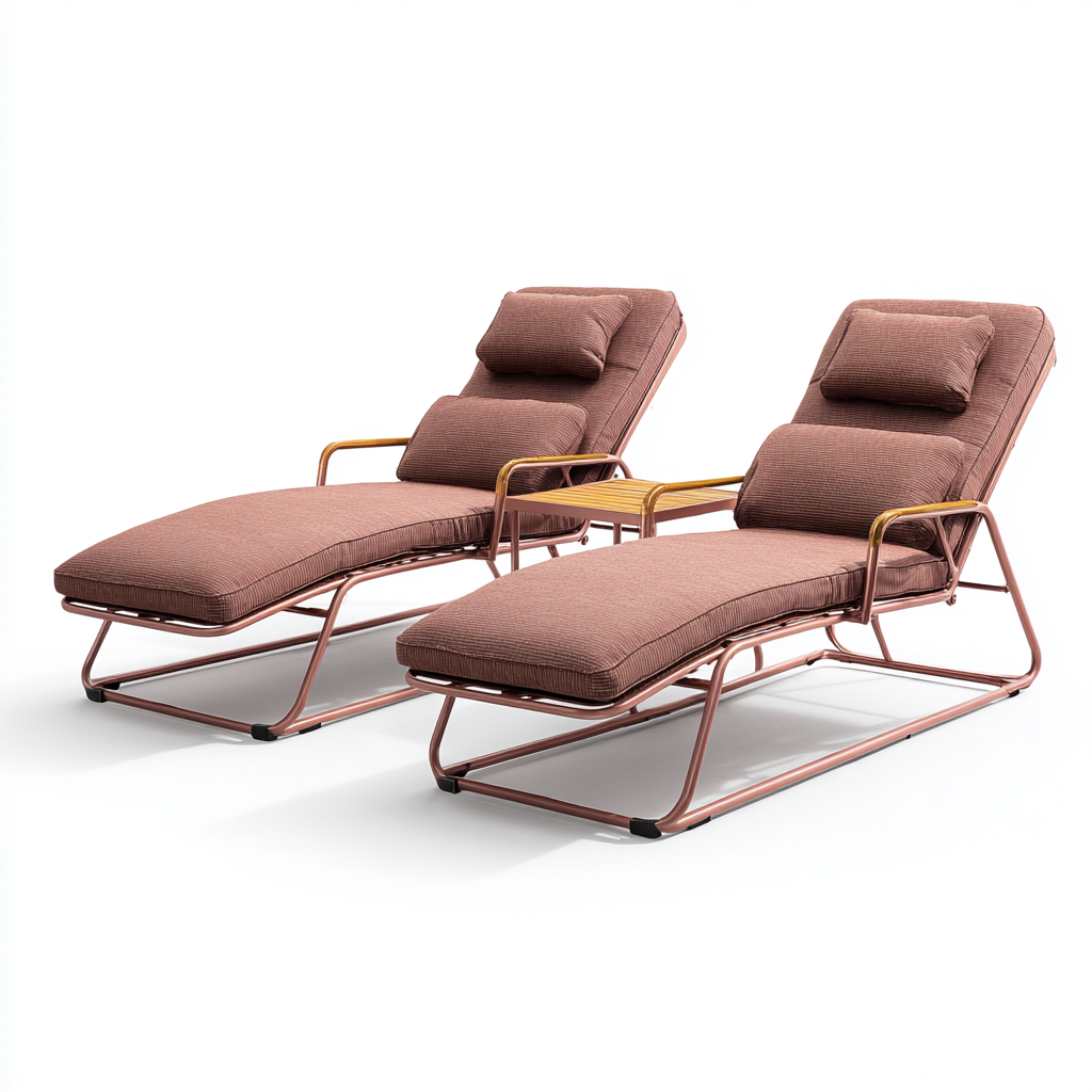 Tumbona de jardín conjunto de 2 piezas con mesa auxiliar estructura metálica y cojín textil 198x66x87 cm - marrón-rose gold - estilo moderno aptas para jardín-Luxemylab