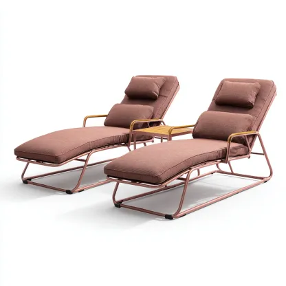 Tumbona de jardín conjunto de 2 piezas con mesa auxiliar estructura metálica y cojín textil 198x66x87 cm - marrón-rose gold - estilo moderno aptas para jardín-Luxemylab