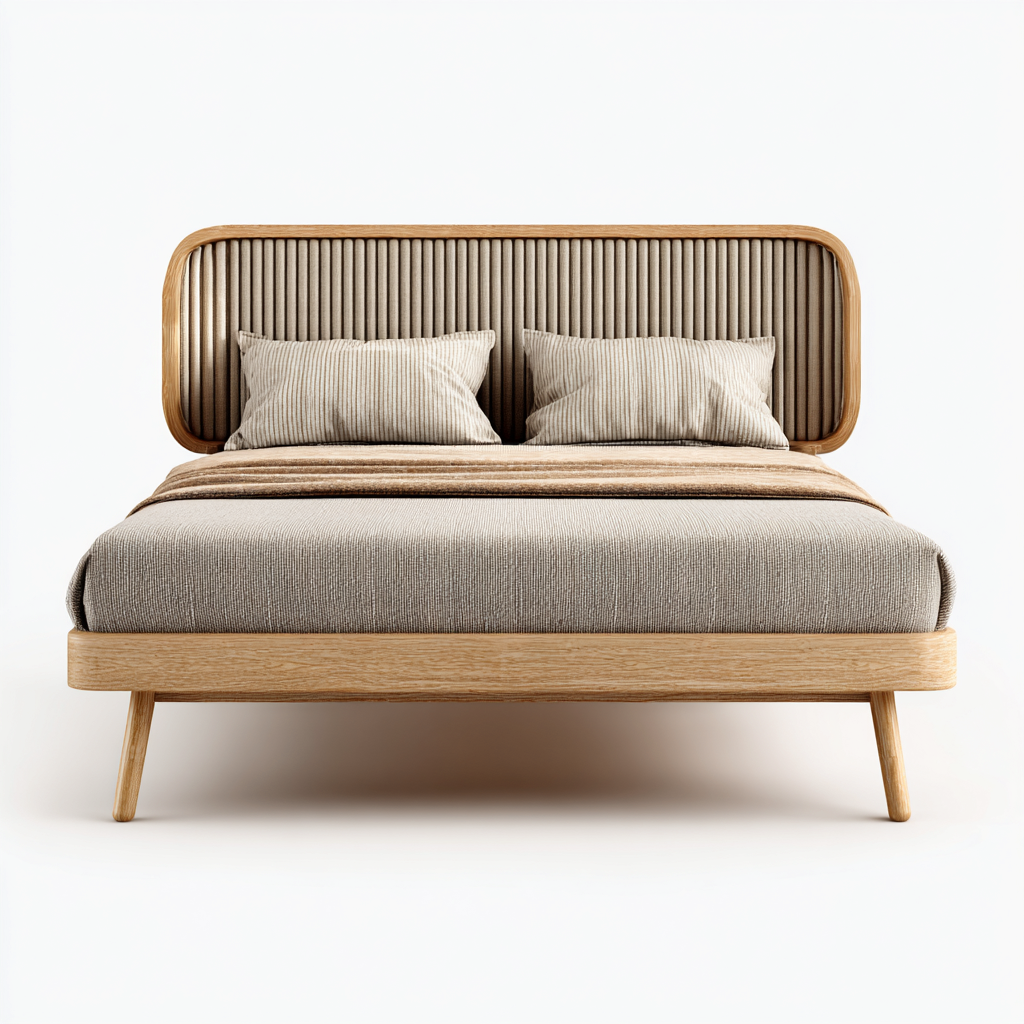 Cama matrimonial madera y tela 200x180x105 cm - beige-madera natural - estilo moderno adecuada para dormitorio-Luxemylab