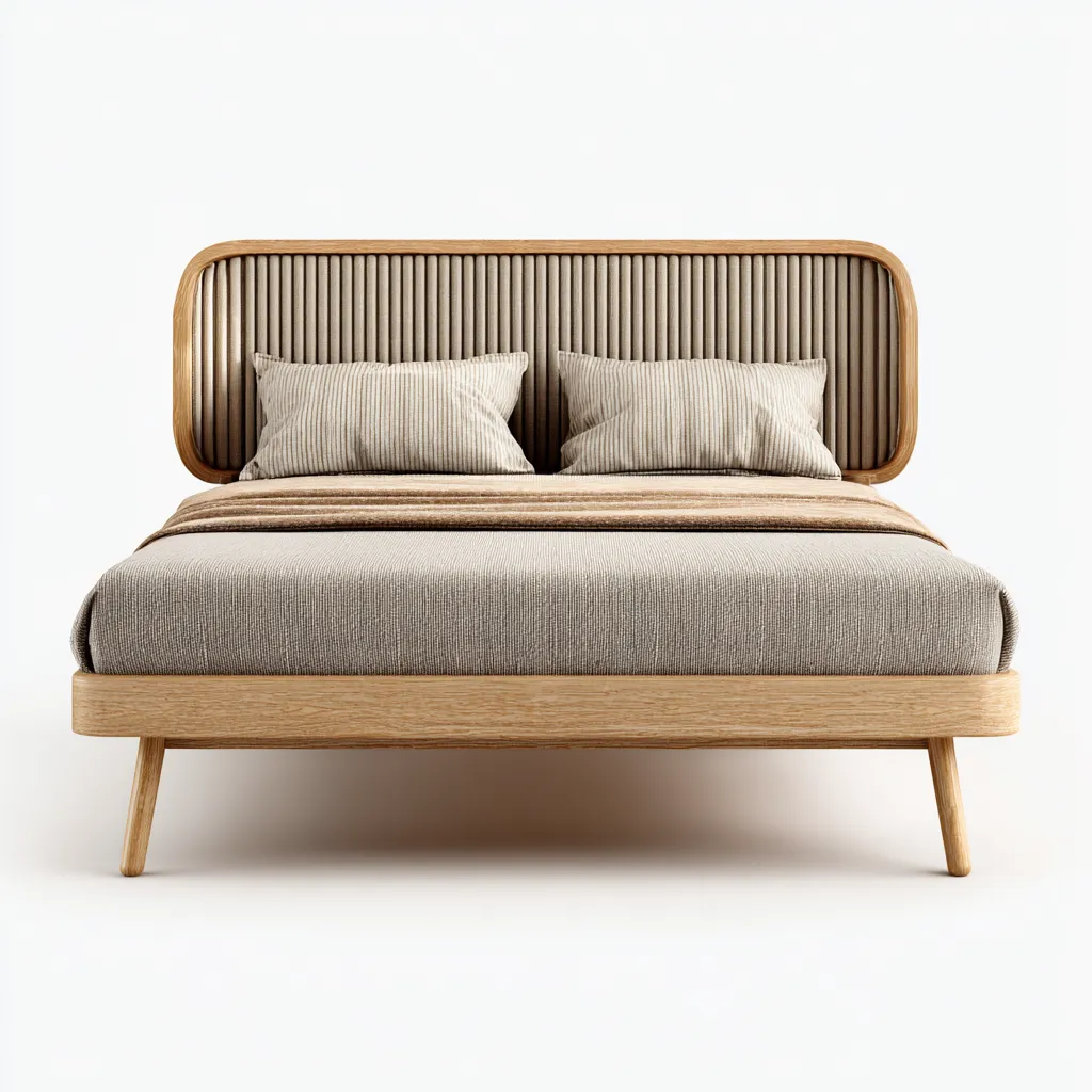 Cama matrimonial madera y tela 200x180x105 cm - beige-madera natural - estilo moderno adecuada para dormitorio-Luxemylab