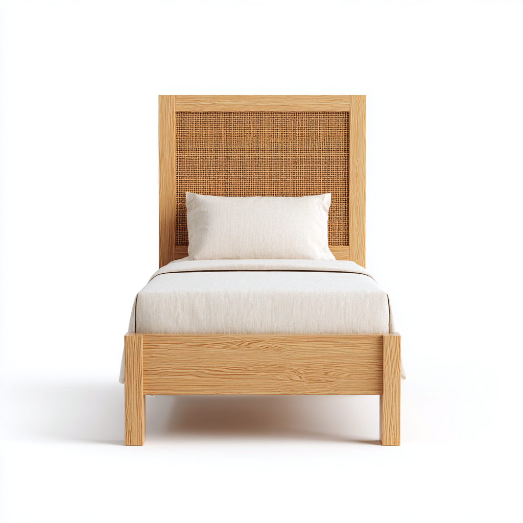 Cama individual madera y ratán 200x100x120 cm - madera clara - apta para dormitorio - estilo natural-Luxemylab