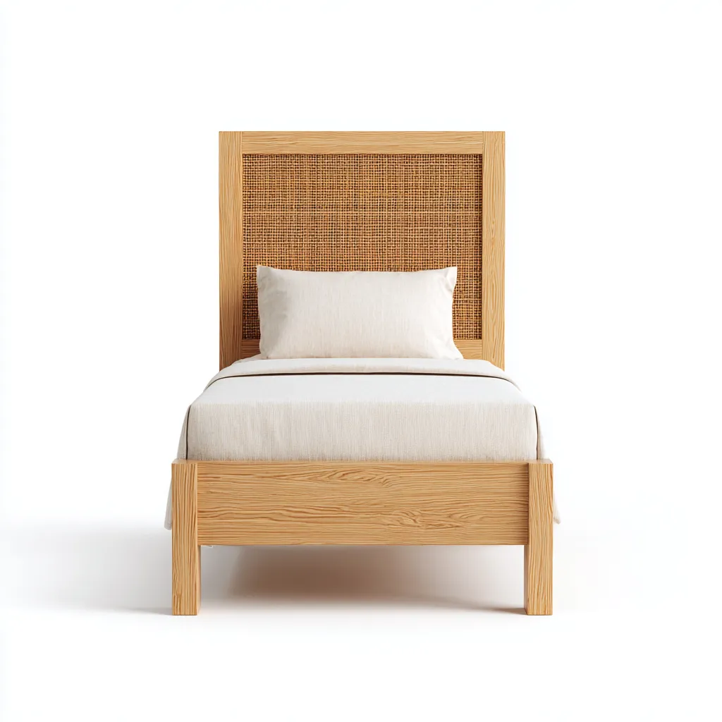 Cama individual madera y ratán 200x100x120 cm - madera clara - apta para dormitorio - estilo natural-Luxemylab