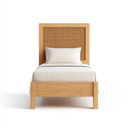 Cama individual madera y ratán 200x100x120 cm - madera clara - apta para dormitorio - estilo natural-Luxemylab