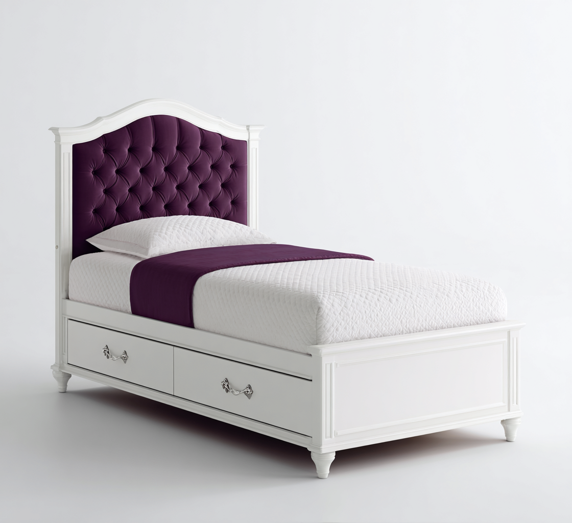 Cama individual madera 200x100x110 cm - blanco-morado - diseño clásico con almacenaje-Luxemylab