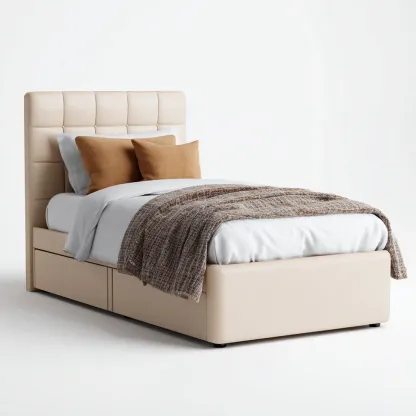 Cama individual tapizada 200x90x105 cm - cuero beige - con almacenaje - apta para dormitorio - diseño moderno-Luxemylab