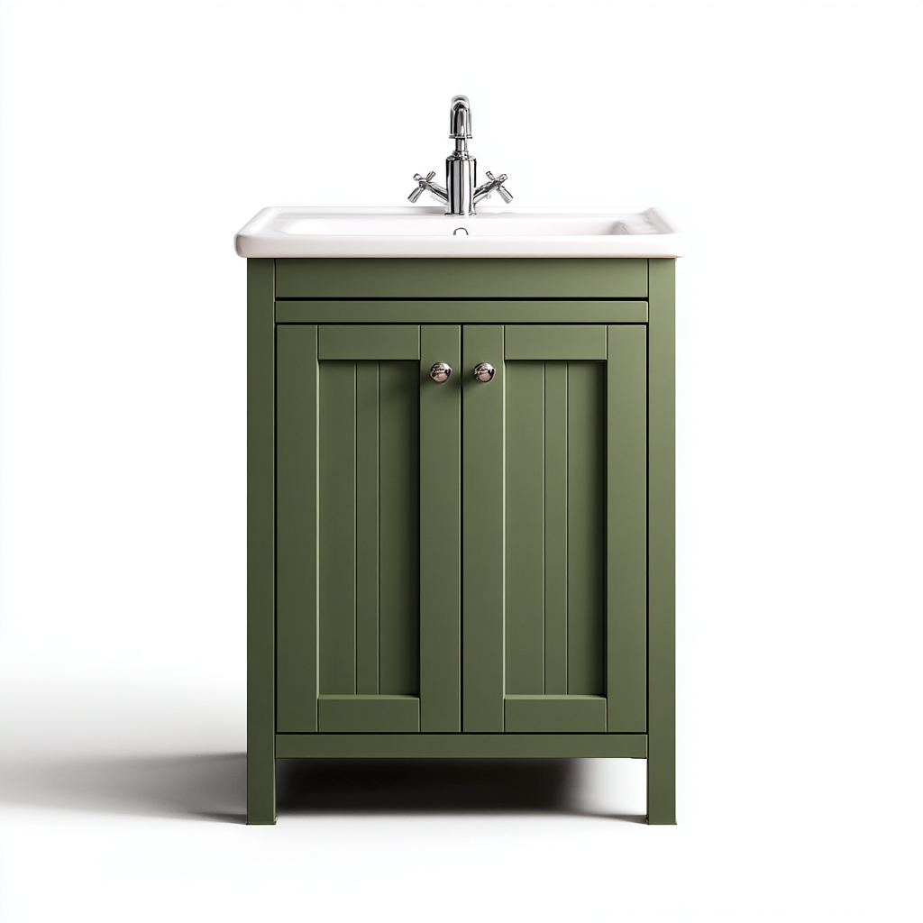 Mueble de baño con lavabo madera y cerámica 60x45x85 cm - verde oliva-blanco - estilo clásico tradicional para baño-Luxemylab