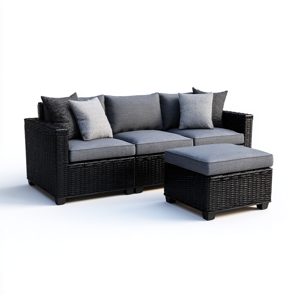 Gartensofa-Polyrattan-200x140x70 cm-Schwarz-Grau-Modern für Außenbereiche-Luxegoly
