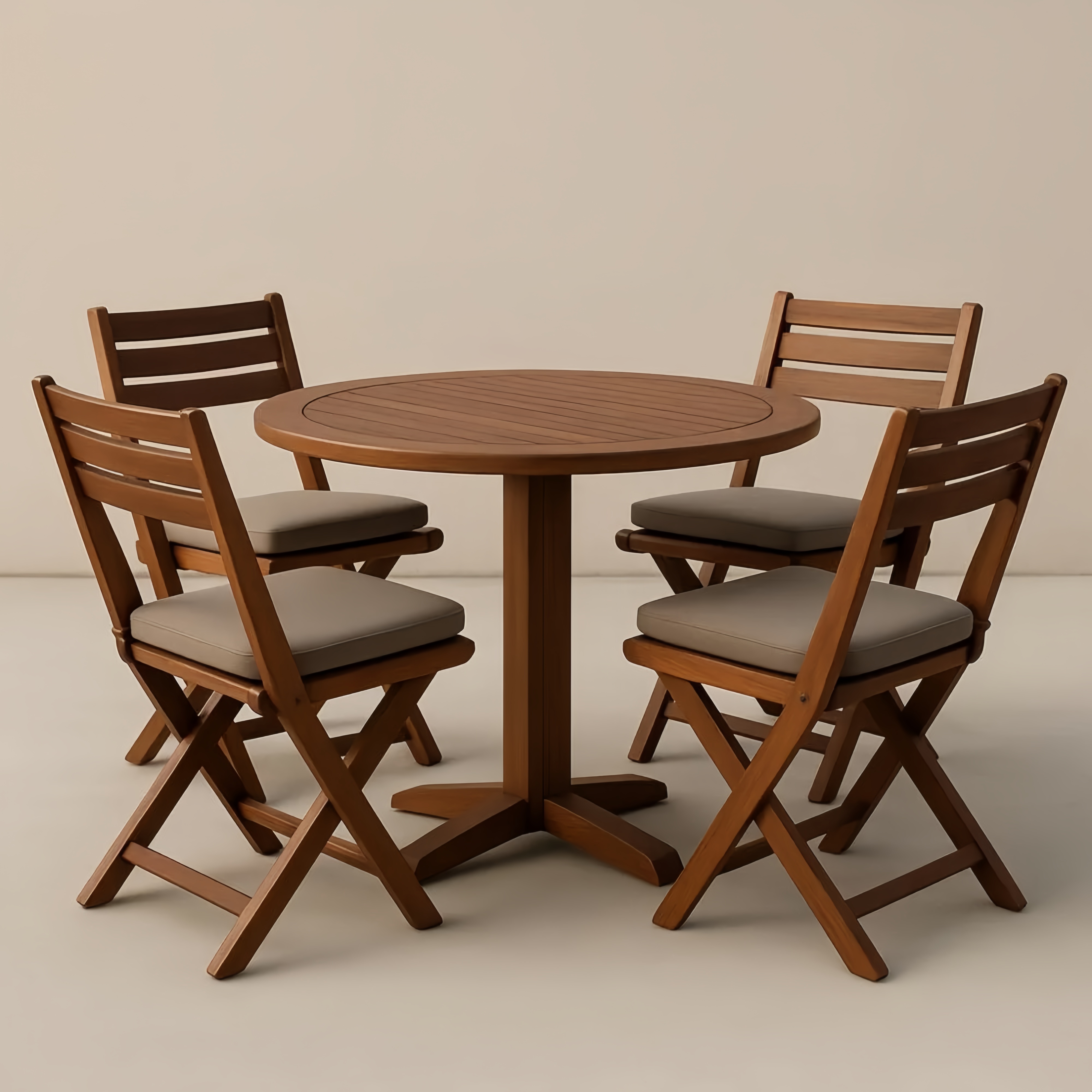 Ensemble table ronde et chaises pliantes en bois avec coussins
