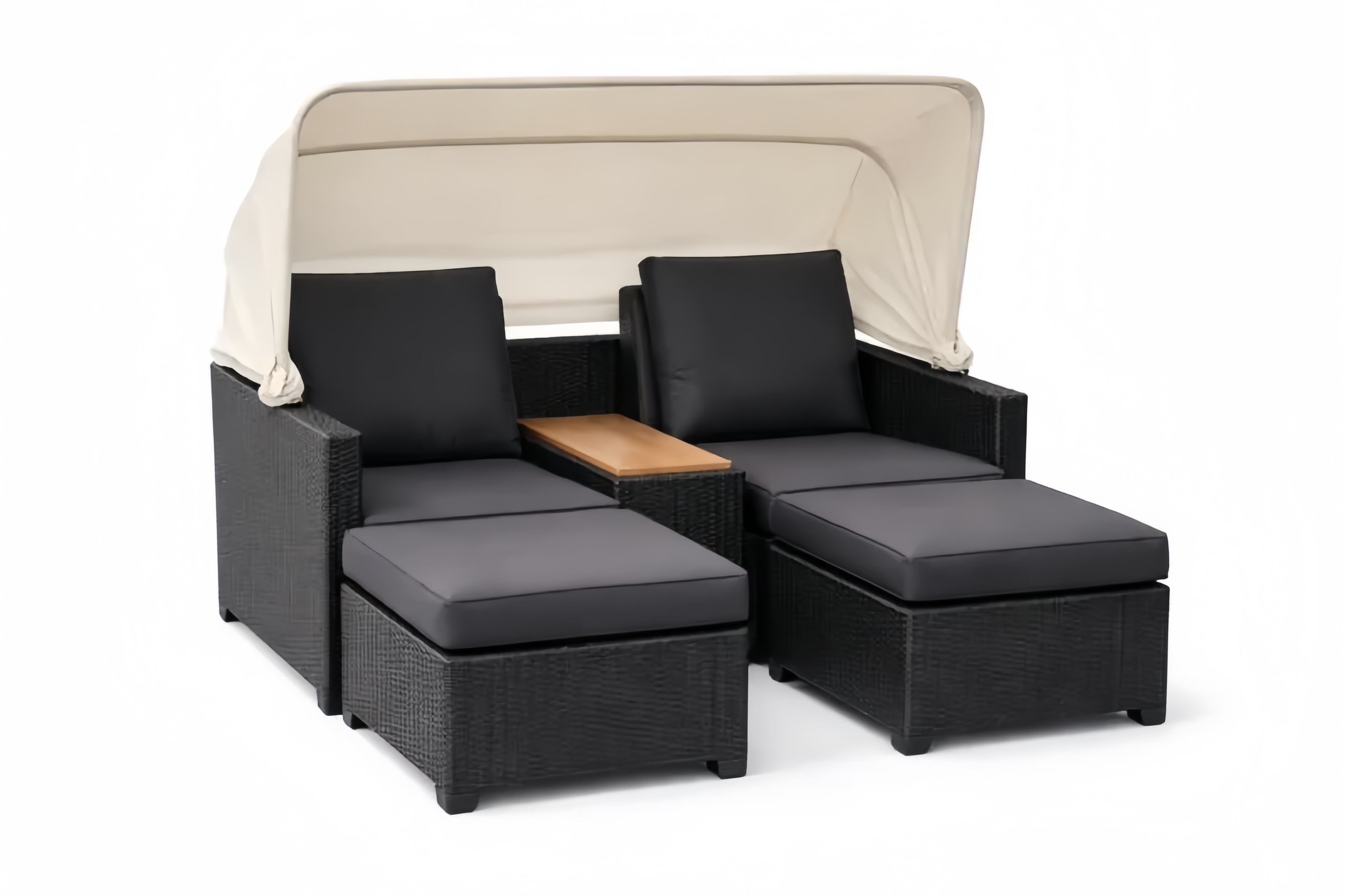 Salon de jardin en rotin synthétique noir avec coussins et table en bois d'acacia