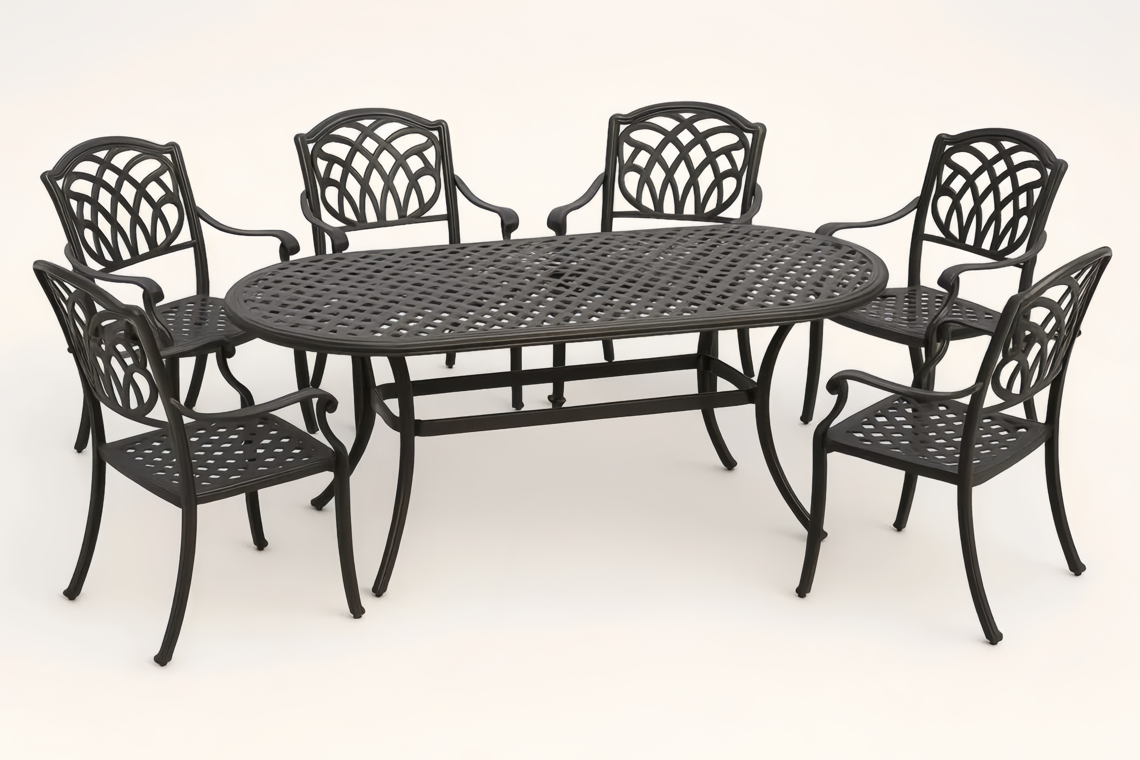 Ensemble de salle à manger extérieur en métal noir avec table ovale et 6 chaises