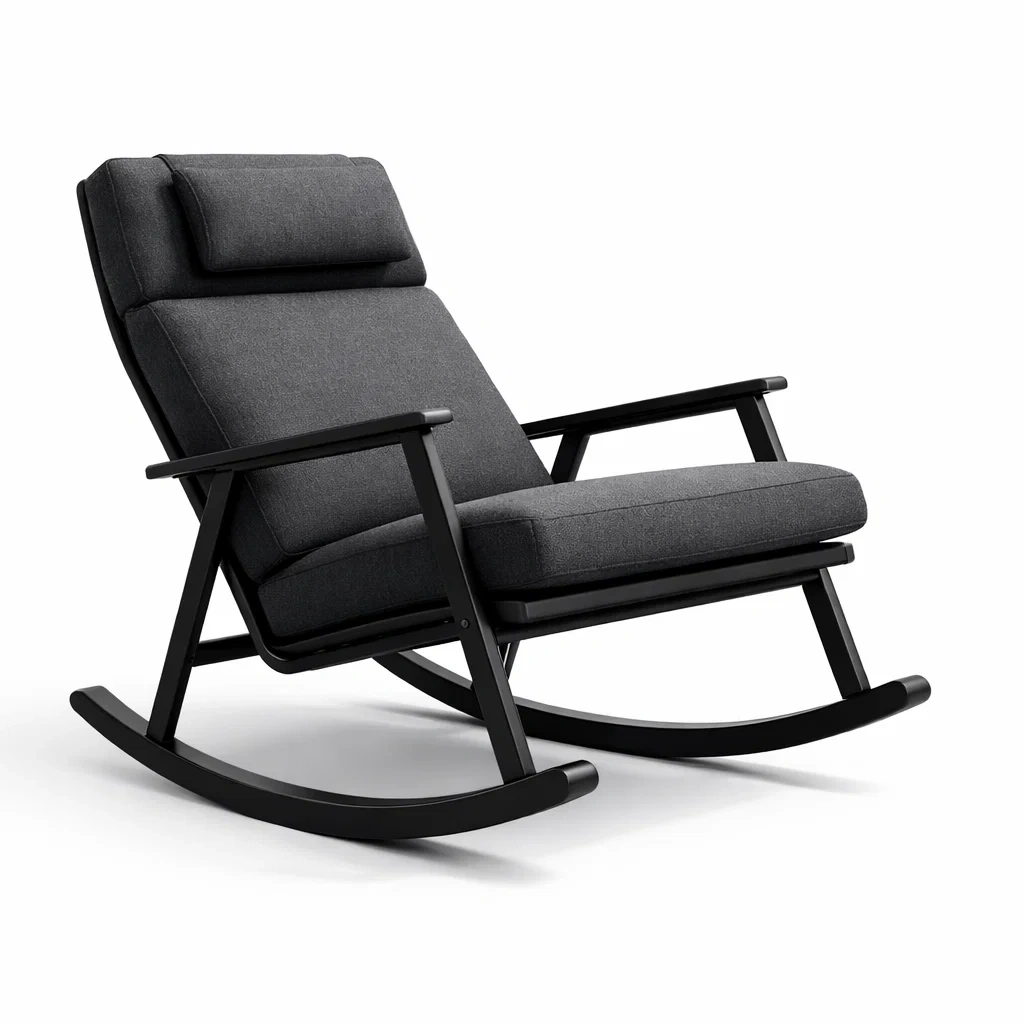 Sedia a dondolo con struttura in legno e tessuto grigio scuro-cozyroomstore