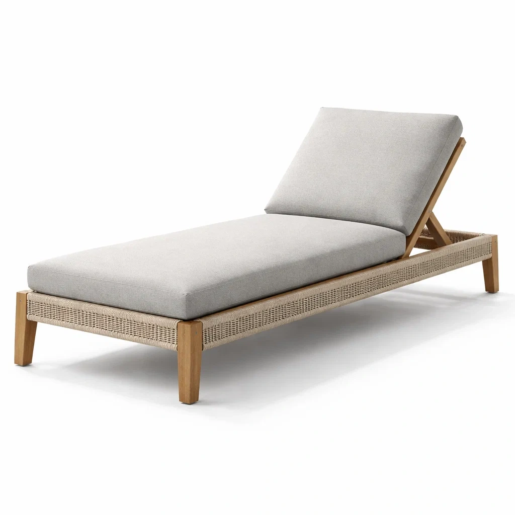 Sdraio in legno di teak con cuscini grigi-cozyroomstore