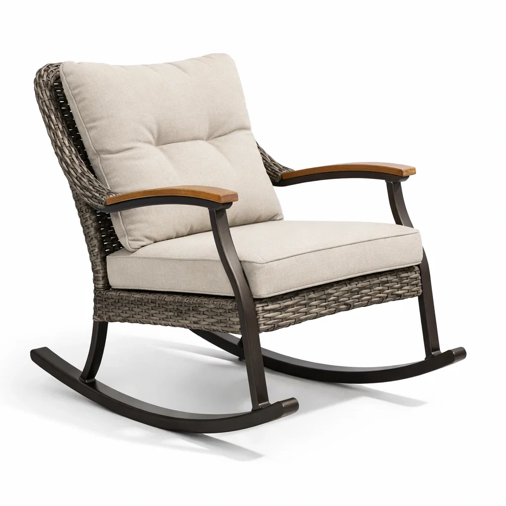 Sedia a dondolo con struttura in metallo e rattan, cuscini beige-cozyroomstore