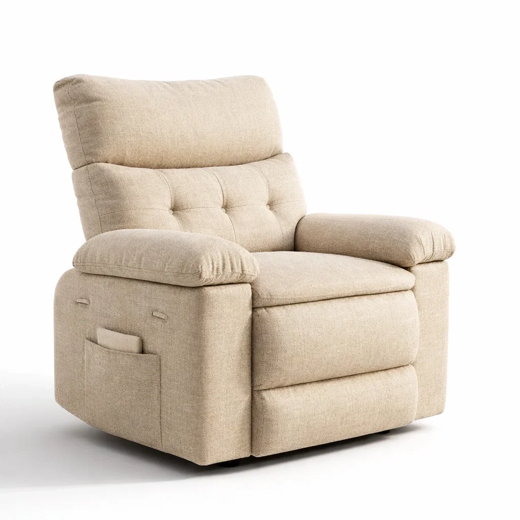 Poltrona in tessuto beige con struttura in legno-cozyroomstore