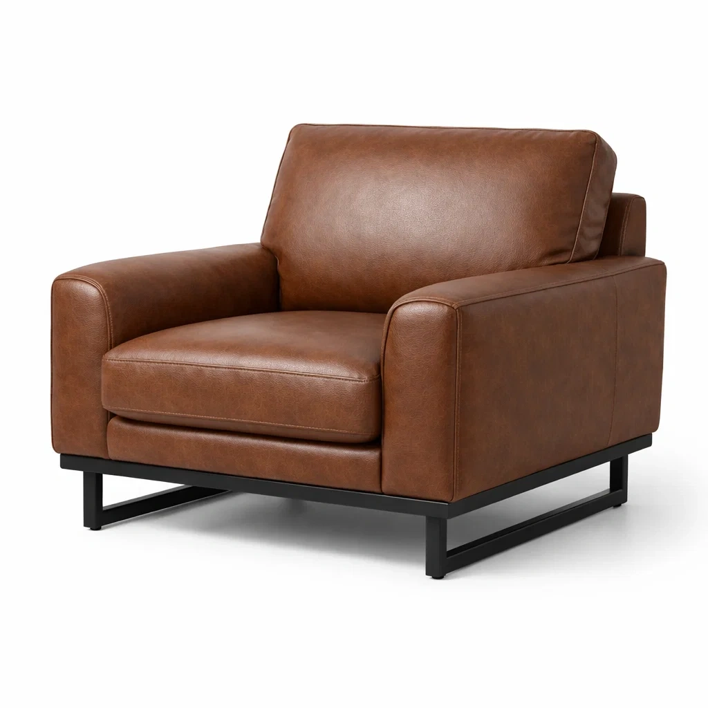 Poltrona in pelle sintetica marrone con struttura in metallo-cozyroomstore