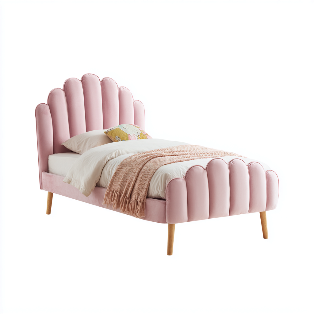 Einzelbett Stoffpolsterung und Holzfüße 190x90x110 cm - Rosa-Holz - Modernes Design - Für Kinderzimmer-Dengohaus