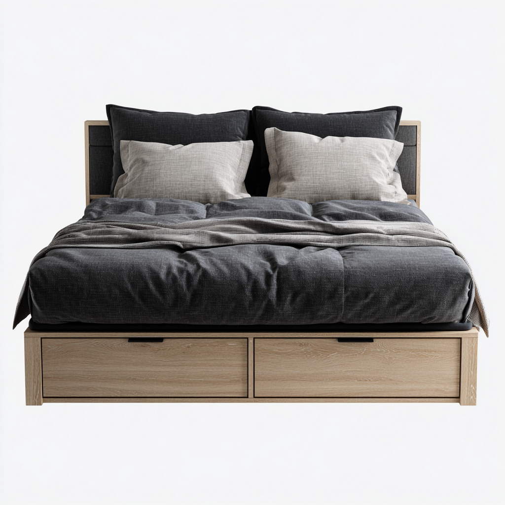 Doppelbett Holz-Stoff 200x180x100 cm - Natur-Dunkelgrau - Modernes Design-Dengohaus