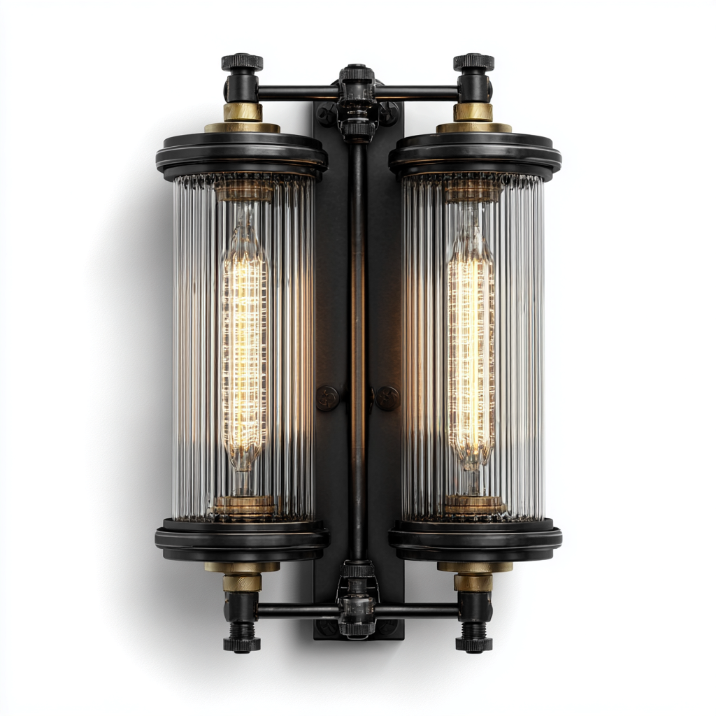 Wandleuchte Metall-Glas 34x15 cm schwarz-transparent - Vintage-Doppeltubus-Design-Dengohaus
