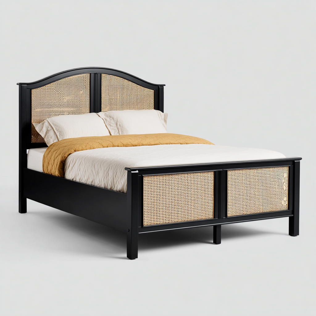 Doppelbett Holz-Rattan 200x180x125 cm - Schwarz-Natur - Modernes Design-Dengohaus