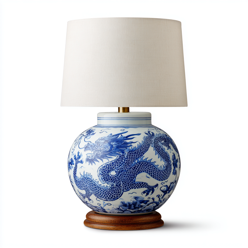 Tischlampe Keramik-Gewebe 54x32x20 cm - Blau-Weiß-Holz - Klassisches Design-Dengohaus