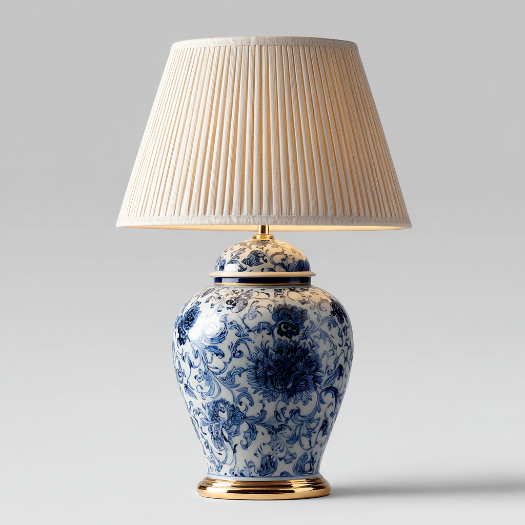 Tischlampe Keramik-Gewebe 60x34x20 cm - Blau-Weiß-Gold - Klassisches Orient-Design-Dengohaus