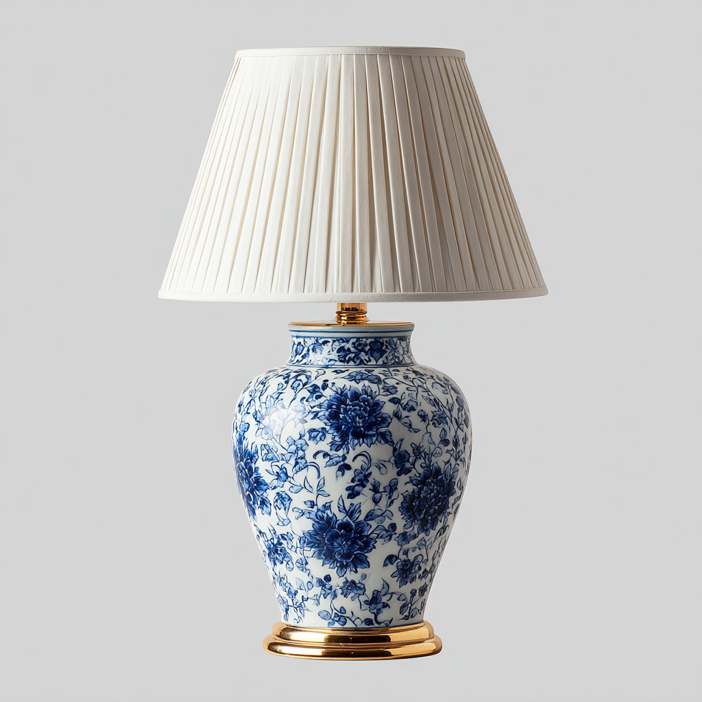 Tischlampe Keramik-Gewebe 58x33x19 cm - Blau-Weiß-Gold - Klassisches Design-Dengohaus