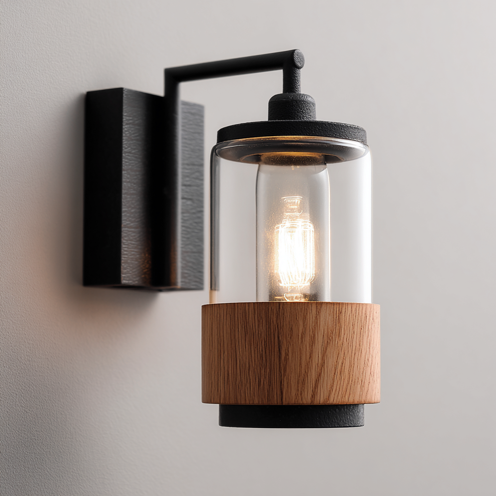 Wandleuchte Metall-Glas-Holz 28x10 cm schwarz-transparent-holz - Modernes Zylinder-Design-Dengohaus