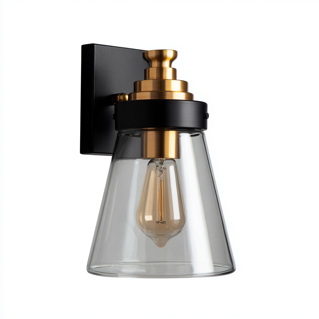 Wandleuchte Metall-Glas 28x16 cm - Schwarz-Gold-Klar - Modernes Design-Dengohaus