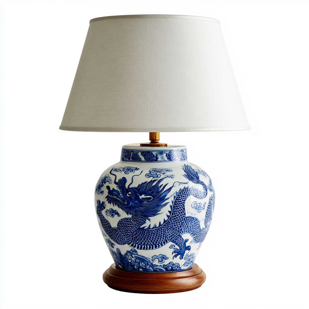 Tischlampe Keramik-Holz 60x36x19 cm - weiß-blau-holz - klassisches Design-Dengohaus