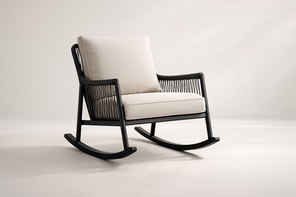 Fauteuil à bascule d'extérieur en acier avec assise en corde polyester beige/noir