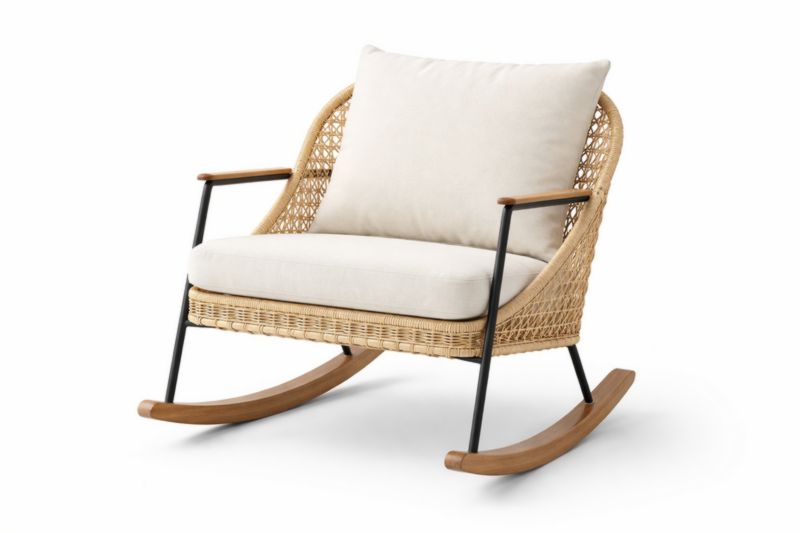 Fauteuil à bascule en rotin et aluminium avec coussins beige