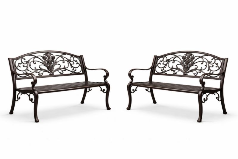 Lot de 2 Bancs de Jardin en Métal Marron