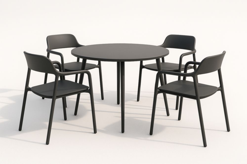Ensemble table ronde et 4 chaises en polypropylène noir pour intérieur/extérieur