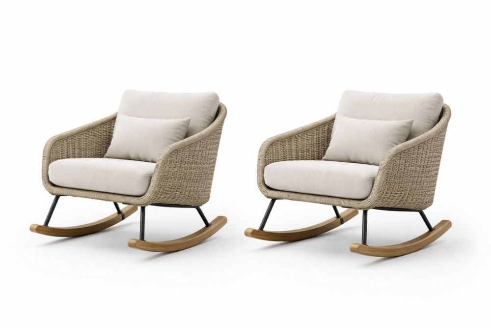 Chaises à bascule en métal et rotin avec coussins en polyester Beige