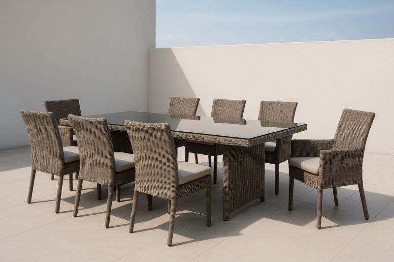 Table de salle à manger extérieure en résine avec verre trempé et 8 chaises en polyester Gris